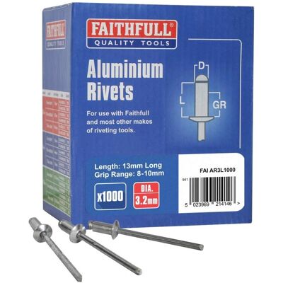 Faithfull FAIAR3L1000 Aluminium Rivets - 3.2mm x 13mm - Bulk Pack Faithfull FAIAR3L1000 Aluminium Rivets - 3.2mm x 13mm - Bulk Pack