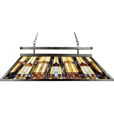 Quoizel Inglenook 3-Licht Tiffany Insel Kronleuchter - Vintage Mosaikglas Quoizel Inglenook 3-Licht Tiffany Insel Kronleuchter - Vintage Mosaikglas