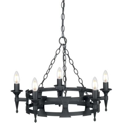 Lampadario Saxon di Elstead Lighting - Ferro battuto, nero, 60W, dimmerabile Lampadario Saxon di Elstead Lighting - Ferro battuto, nero, 60W, dimmerabile