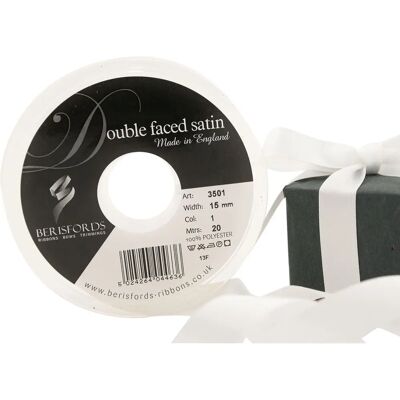Berisfords White Double Satin Ribbon - 15mm, Multi-widths Berisfords White Double Satin Ribbon - 15mm, Multi-widths
