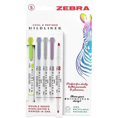 Zebra - Mildliner Twin Tip Highlighter - Assorted Colours - Pack 5 - Highlighter Zebra - Mildliner Twin Tip Highlighter - Assorted Colours - Pack 5 - Highlighter