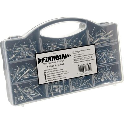 Fixman 514633 Pack de 650 Rivets en Acier Zingué et Aluminium - Pour Métal, Bois, Plastique - Publicité Fixman 514633 Pack de 650 Rivets en Acier Zingué et Aluminium - Pour Métal, Bois, Plastique - Publicité