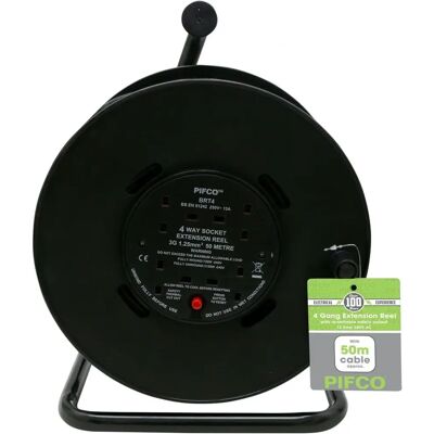 Pifco 50m Extension Lead Reel - Heavy Duty 4 Sockets - Black Pifco 50m Extension Lead Reel - Heavy Duty 4 Sockets - Black