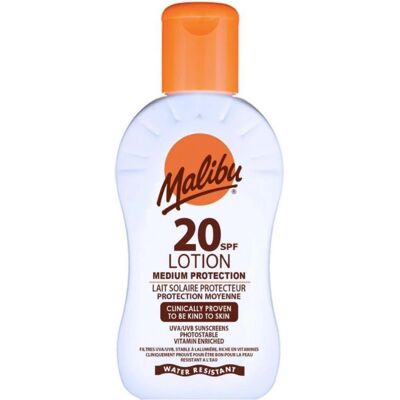 Lotion solaire Malibu SPF20 imperméable - Publicité Lotion solaire Malibu SPF20 imperméable - Publicité
