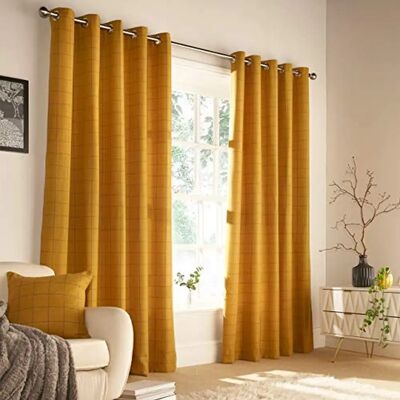 Furn Ellis Kratowe Zasłony z Oczkami - Okar/Żółty - 117x137cm Furn Ellis Kratowe Zasłony z Oczkami - Okar/Żółty - 117x137cm