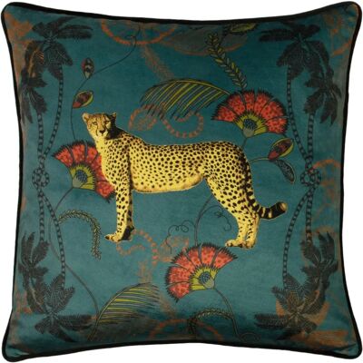 Paoletti Tropical Cheetah Velvet Piped Cushion Cover - Teal - One Size Paoletti Tropical Cheetah Velvet Piped Cushion Cover - Teal - One Size