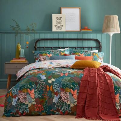 Furn. Forage Floral Reversible Duvet Cover Set - Teal Cotton - Size Single Furn. Forage Floral Reversible Duvet Cover Set - Teal Cotton - Size Single