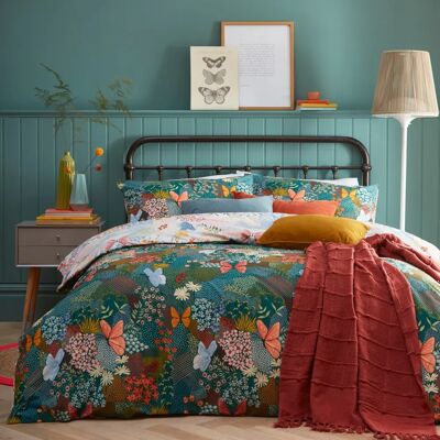 Furn Forage Floral Reversible Duvet Cover Set - Teal Cotton - Size Double Furn Forage Floral Reversible Duvet Cover Set - Teal Cotton - Size Double