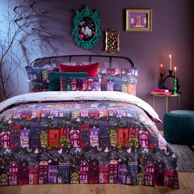 Furn. Creepy Town Halloween Duvet Cover Set - Charcoal Polycotton - Size Double Furn. Creepy Town Halloween Duvet Cover Set - Charcoal Polycotton - Size Double