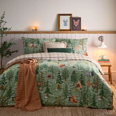Furn. Lodge Wood Geborsteld katoenen Duvetdeken - Groen - Maat King Furn. Lodge Wood Geborsteld katoenen Duvetdeken - Groen - Maat King