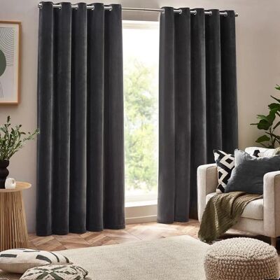 Charcoal Chenille Velvet Eyelet Curtains - Curtains Charcoal Chenille Velvet Eyelet Curtains - Curtains