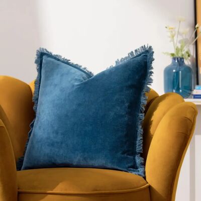 Riva Home Velvet Fringed 45cm x 45cm Cushion - Blue - Square Cushion Riva Home Velvet Fringed 45cm x 45cm Cushion - Blue - Square Cushion