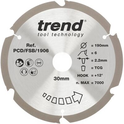 Lama da sega in fibra di legno Pcd Trend - 190mm Diametro X 2.4 Gola X 30 Mandrino 6t Lama da sega in fibra di legno Pcd Trend - 190mm Diametro X 2.4 Gola X 30 Mandrino 6t