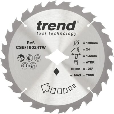 Trend Wood ATBR Hoja de sierra circular - 190mm, Agujero de diamante, 24 dientes Trend Wood ATBR Hoja de sierra circular - 190mm, Agujero de diamante, 24 dientes