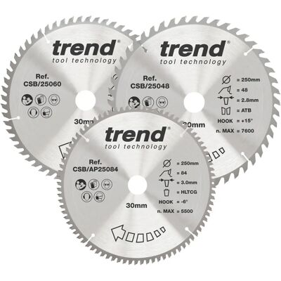 Trend TRECSB250P3 Lame de scie sur table CraftPro - 250x30mm 48T/60T/84T Pack 3 Trend TRECSB250P3 Lame de scie sur table CraftPro - 250x30mm 48T/60T/84T Pack 3