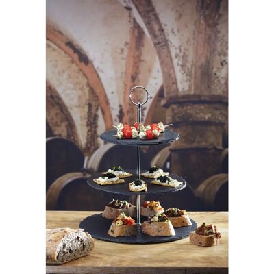Soporte de servicio de 3 niveles en pizarra negra Artesa - para tartas y aperitivos Soporte de servicio de 3 niveles en pizarra negra Artesa - para tartas y aperitivos