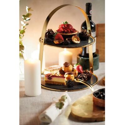 Artesa Brass 2-Tier Cake Stand with Slate Platters - Cake Stand Artesa Brass 2-Tier Cake Stand with Slate Platters - Cake Stand