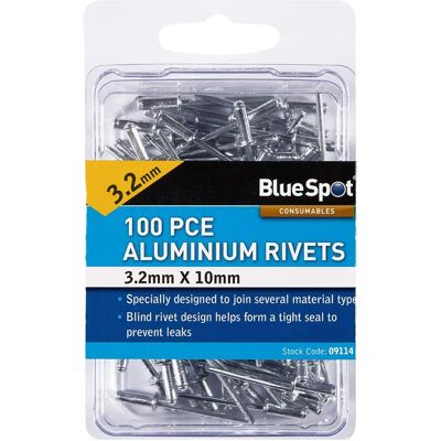 Rivets en aluminium Bluespot 100 pièces 3.2mm X 10mm - 100 rivets bleus - Publicité Rivets en aluminium Bluespot 100 pièces 3.2mm X 10mm - 100 rivets bleus - Publicité
