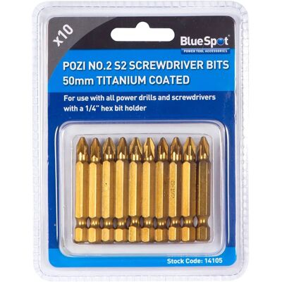 Bits de tournevis PZ2 revêtus de titane BlueSpot Tools - 50mm - Pack de 10 - Publicité Bits de tournevis PZ2 revêtus de titane BlueSpot Tools - 50mm - Pack de 10 - Publicité