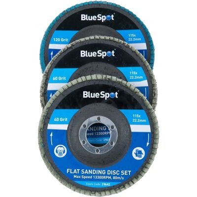 Ensemble de 3 disques à lamelles 115mm BlueSpot Tools - Publicité Ensemble de 3 disques à lamelles 115mm BlueSpot Tools - Publicité