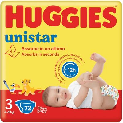 Couches Huggies Unistar Taille 3 - Pack de 4 x 18 Couches Huggies Unistar Taille 3 - Pack de 4 x 18