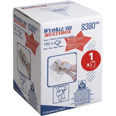 Kimberly-Clark WYPALL X60 Multibox Bleue 1 pli, fabriqué en HYDROKNIT, retrait central, 1 x 150 lingettes - Publicité Kimberly-Clark WYPALL X60 Multibox Bleue 1 pli, fabriqué en HYDROKNIT, retrait central, 1 x 150 lingettes - Publicité