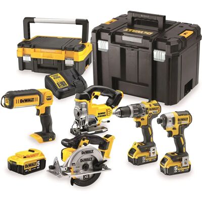 DeWalt 18V Elektrowerkzeug-Set mit Bohrer, Impact-Schrauber, Stichsäge, Kreissäge, Arbeitslampe DeWalt 18V Elektrowerkzeug-Set mit Bohrer, Impact-Schrauber, Stichsäge, Kreissäge, Arbeitslampe