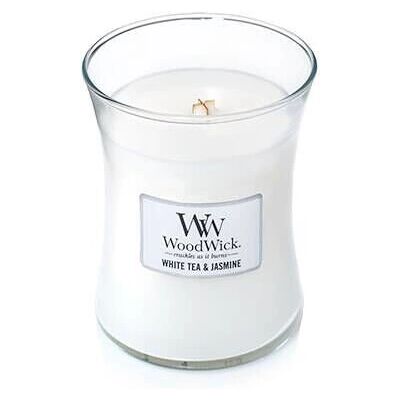 WoodWick Fehér tea és jázmin illatgyertya - Dekorációs homokórás illat WoodWick Fehér tea és jázmin illatgyertya - Dekorációs homokórás illat