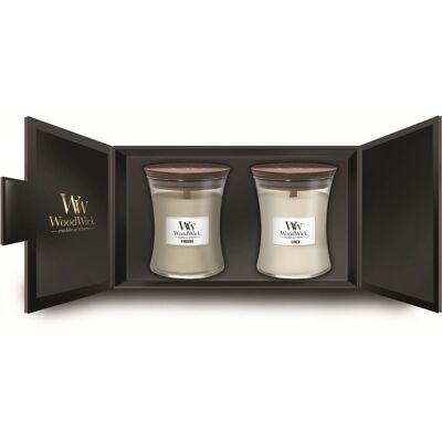 WoodWick Kaarsenset met Houten Lontje - Fireside & Linen - Medium WoodWick Kaarsenset met Houten Lontje - Fireside & Linen - Medium