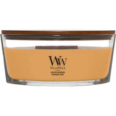 WoodWick Golden Bourbon viaszgyertya - Hosszú égési idő, Kattogó fa gyertyahegy WoodWick Golden Bourbon viaszgyertya - Hosszú égési idő, Kattogó fa gyertyahegy