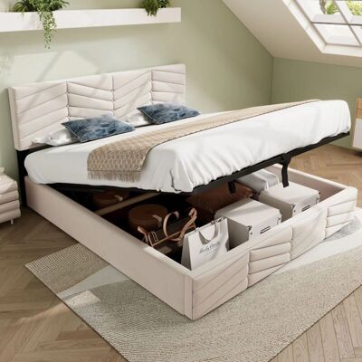 WISHDOR - Letto imbottito 140x200 cm - Beige - Velvet - Bed WISHDOR - Letto imbottito 140x200 cm - Beige - Velvet - Bed