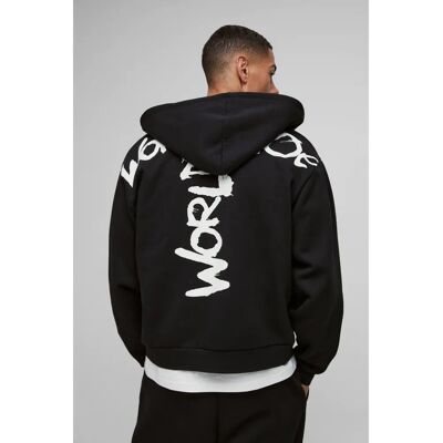 boohooMAN - Kastiger Oversize Hoodie Worldwide Graffiti Print Zipper - Schwarz - S - Hoodie boohooMAN - Kastiger Oversize Hoodie Worldwide Graffiti Print Zipper - Schwarz - S - Hoodie