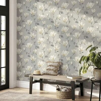 Arthouse Lily Floral Grey White Wallpaper - Wallpaper Arthouse Lily Floral Grey White Wallpaper - Wallpaper