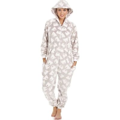 Camille Mink Super Soft Fleece Bear Print Hooded Onesie - Women Camille Mink Super Soft Fleece Bear Print Hooded Onesie - Women