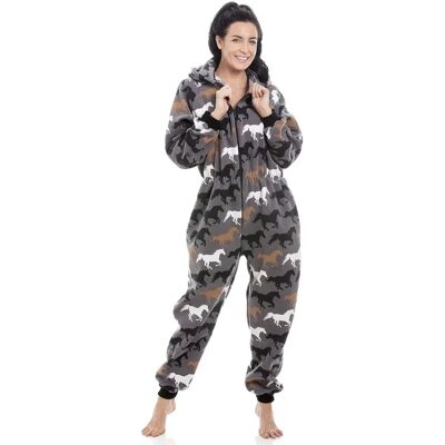Camille Multi-Coloured Horse Print All In One - Women’s Fleece Pajamas Camille Multi-Coloured Horse Print All In One - Women’s Fleece Pajamas