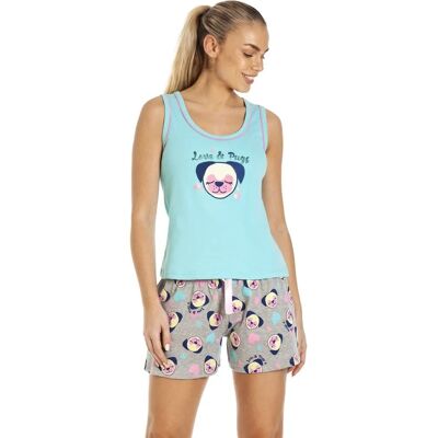 Camille Aqua Blue Pug Print Short Pyjama Set - Pyjama Set Camille Aqua Blue Pug Print Short Pyjama Set - Pyjama Set