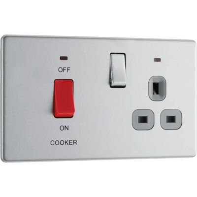 British General Nexus schroefvrij vlakke plaat brushed staal 45 A kookaansluitunit met schakelbare socket en stroomindicator grijze rand - Elektrische schakelaar British General Nexus schroefvrij vlakke plaat brushed staal 45 A kookaansluitunit met schakelbare socket en stroomindicator grijze rand - Elektrische schakelaar