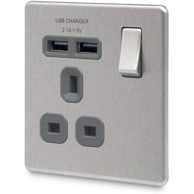 BG Electrical BG Electrical 2.1 A Masterplug Single Socket with 2 x USB Brushed Steel - Power Socket BG Electrical BG Electrical 2.1 A Masterplug Single Socket with 2 x USB Brushed Steel - Power Socket