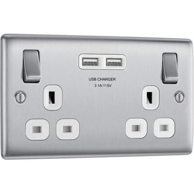 British General NBS2 2U3 W Nexus Kov - Geborsteld staal USB stopcontact British General NBS2 2U3 W Nexus Kov - Geborsteld staal USB stopcontact