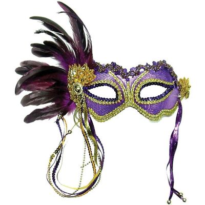 Bristol Novelty Lila Metallisch + Seitliche Feder Maske - Kostüm Bristol Novelty Lila Metallisch + Seitliche Feder Maske - Kostüm