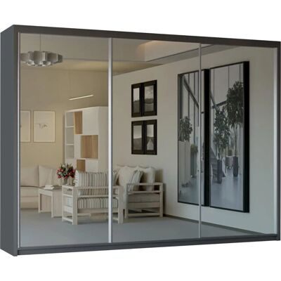 MN Furniture Grey Modern 3 Mirror Sliding Door Wardrobe - 250cm MN Furniture Grey Modern 3 Mirror Sliding Door Wardrobe - 250cm
