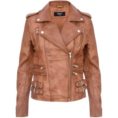 Infinity Leather Womens Vintage Brando Biker Jacket - Tan - Size 18 UK Infinity Leather Womens Vintage Brando Biker Jacket - Tan - Size 18 UK