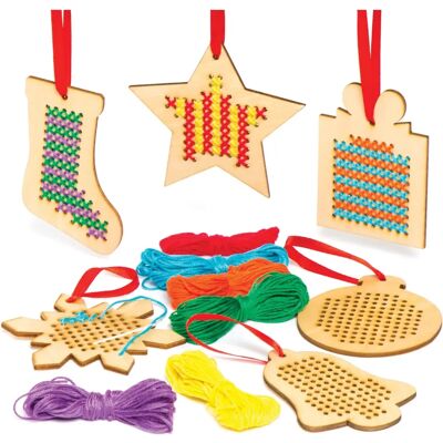 Kit de décoration de Noël en bois avec point de croix - 6 pièces Kit de décoration de Noël en bois avec point de croix - 6 pièces