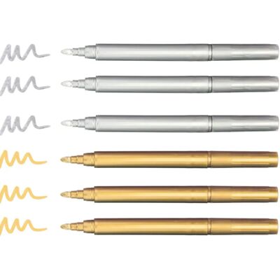 Feutres métallisés dorés et argentés - Pack de 6 - Pointe large Feutres métallisés dorés et argentés - Pack de 6 - Pointe large