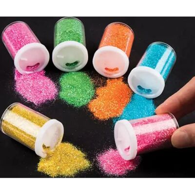 Knutseldoppen met glitter - 5 x 15g in gemengde kleuren - Groen, Blauw, Paars, Geel en Oranje Knutseldoppen met glitter - 5 x 15g in gemengde kleuren - Groen, Blauw, Paars, Geel en Oranje
