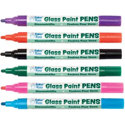Baker Ross Glass Paint Pens - 6 Assorted Colours - Oil Based Acrylic Paint - Heat Fixable Baker Ross Glass Paint Pens - 6 Assorted Colours - Oil Based Acrylic Paint - Heat Fixable