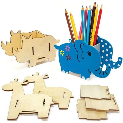 Kit Pot à Crayons en Bois: Éléphant, Girafe, Rhinocéros Kit Pot à Crayons en Bois: Éléphant, Girafe, Rhinocéros