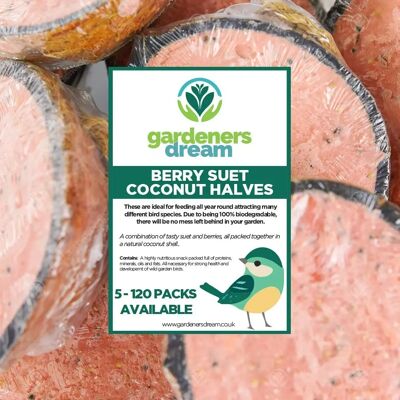 GardenersDream - Berry Suet Coconut Halves - Fresh - Bird Food GardenersDream - Berry Suet Coconut Halves - Fresh - Bird Food