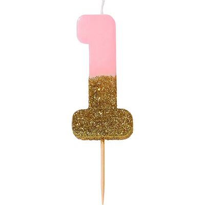 Rosa und Gold Glitter Zahl 1 Kerze Rosa und Gold Glitter Zahl 1 Kerze