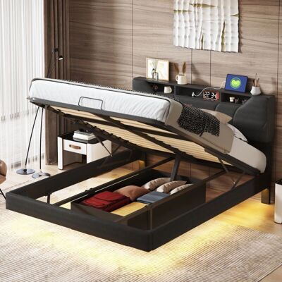 TANANT - Letto contenitore imbottito 140x200cm - Cabecero LED - Elevación hidráulica - Cama con almacenamiento TANANT - Letto contenitore imbottito 140x200cm - Cabecero LED - Elevación hidráulica - Cama con almacenamiento